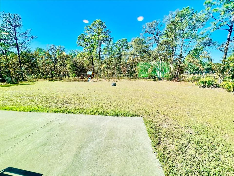 Backyard Spacious backyard with a cement pad, fun outdoor playhouse, tons of room to create your own backyard oasis surrounded by trees.