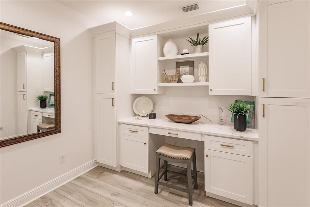 Quartz counter with herringbone tile backsplash