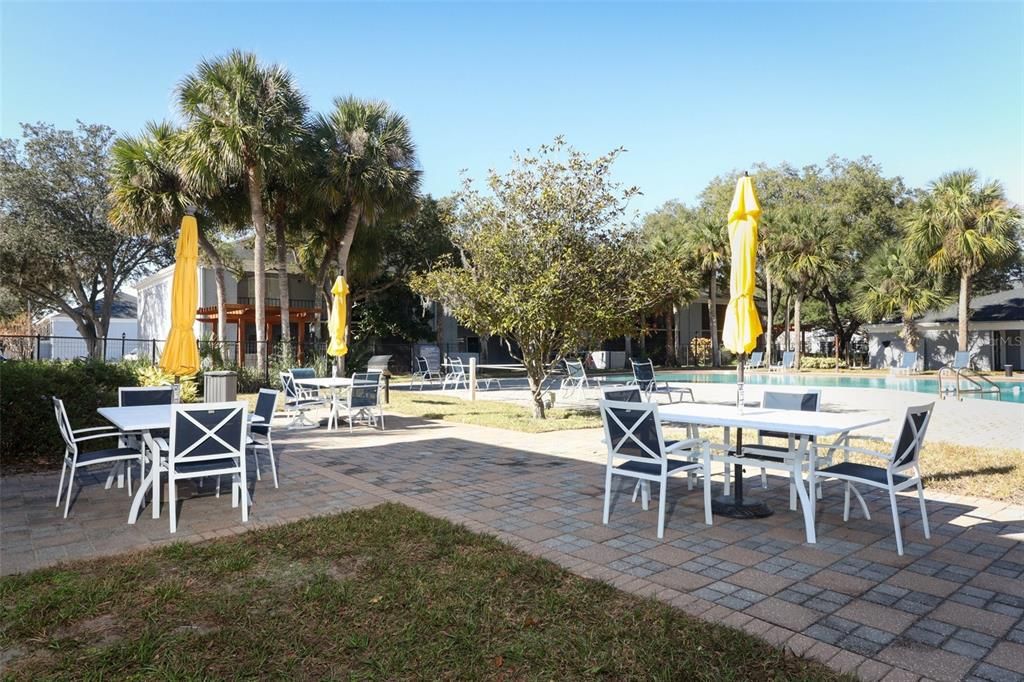 Picnic/lounging area next to pool