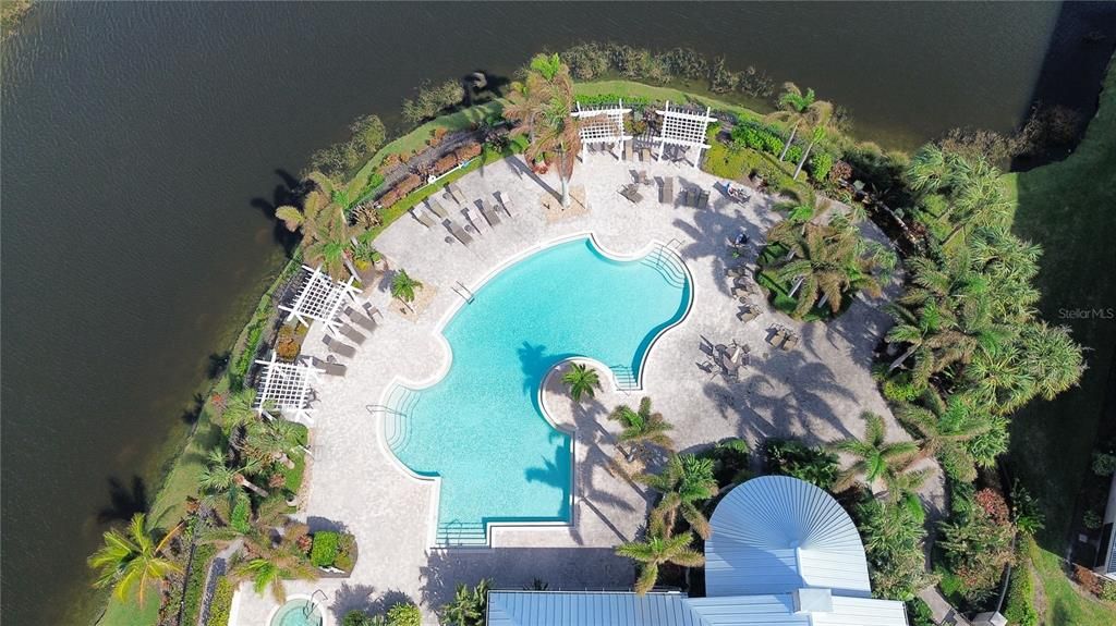 Aerial of the community pool overlooking the lake