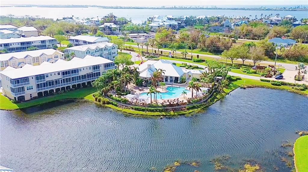 Aerial of the community pool overlooking the lake