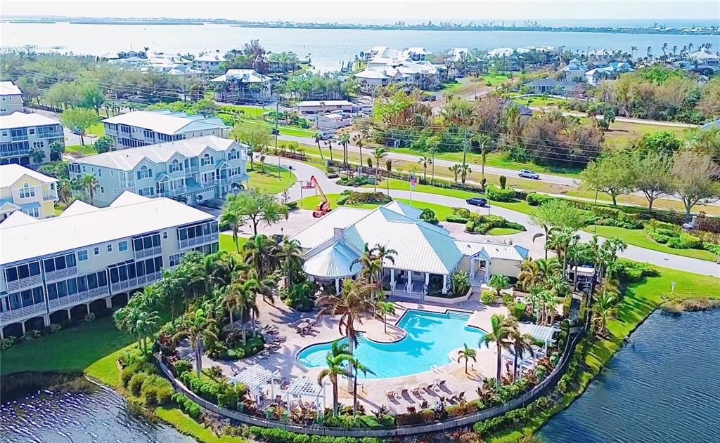 Aerial of the community pool overlooking the lake