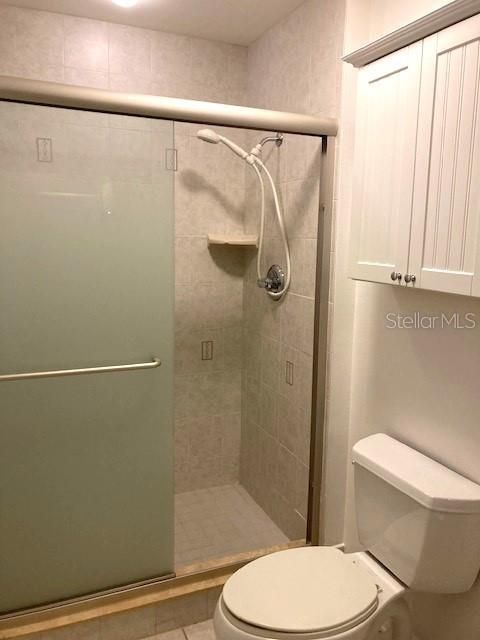 Primary bath, pretty shower doors with a hint of coastal seaglass color.