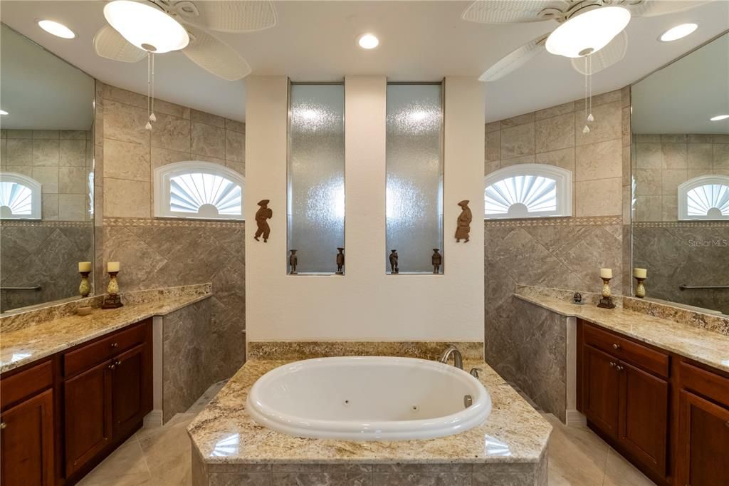 master bath has lavish tub and big roman shower