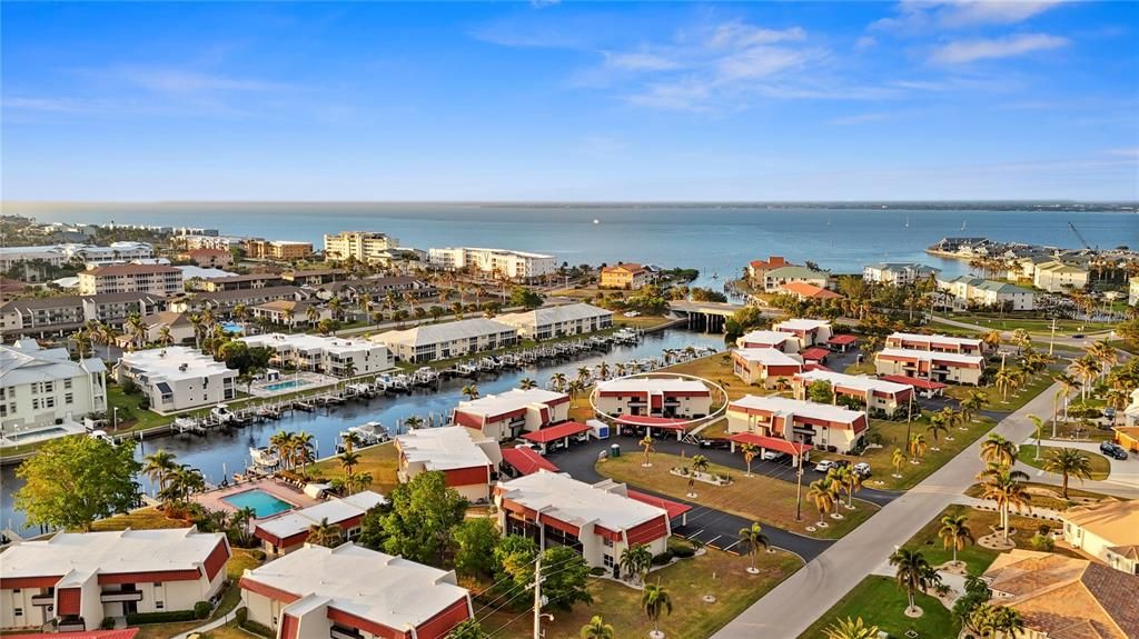 Charlotte Harbor and Fisherman's Village shopping center in the distance. Condo is circled.