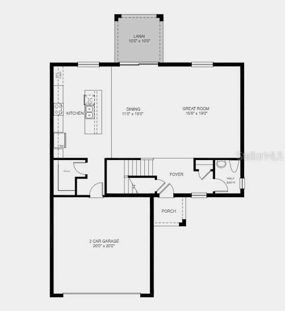 First Floor Plan - Structural options added include: extended kitchen cabinets, loft on second floor, and covered outdoor lanai