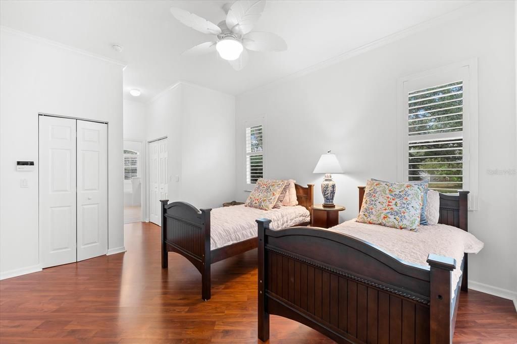 Bright dining area with recessed lights and views