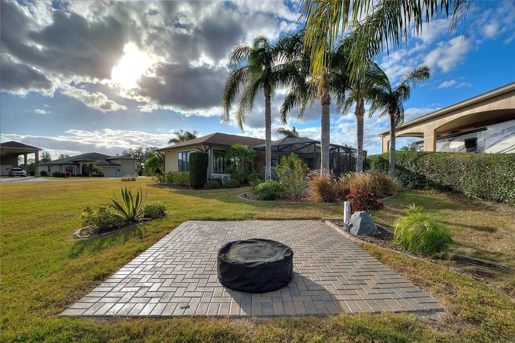 Patio overlooking two ponds with fountains