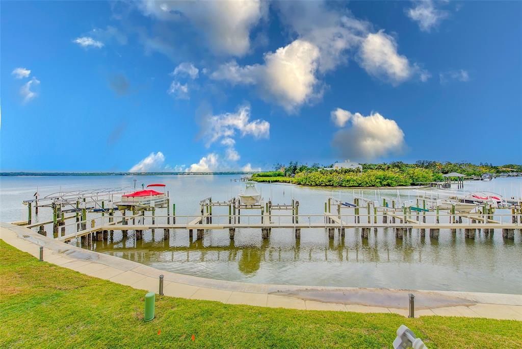 View of boat slips and water