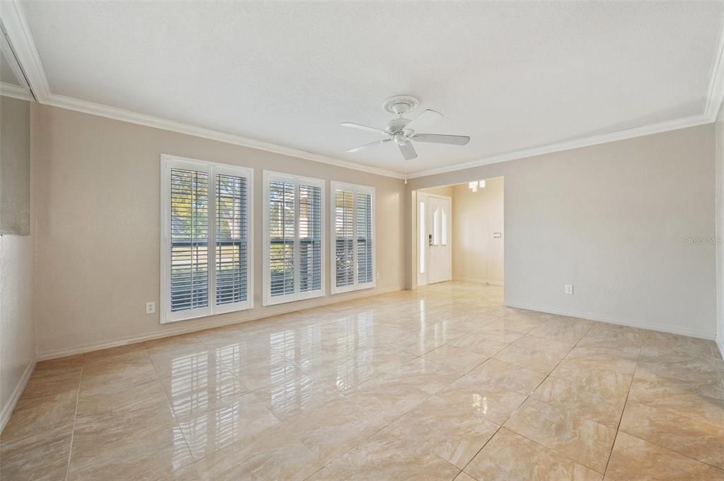 Living room. Plantation shutters all through the home