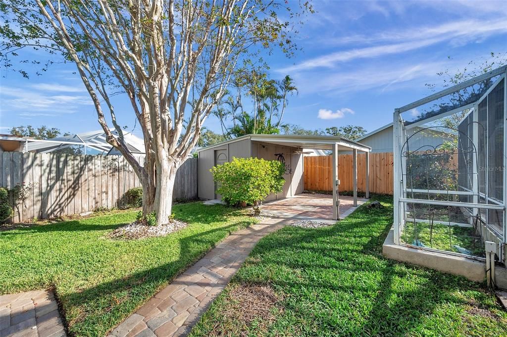 Shed reinforced with concrete board, insulated, electricity, lighting, outdoor fan & built in speakers, perfect for outdoor kitchen, grilling station. Enclosure to the right was used for growing vegetables. Could be used for bird cage. Paved walkway from the pool and pool equipment. Beautiful mature Crepe Myrtle to the left.