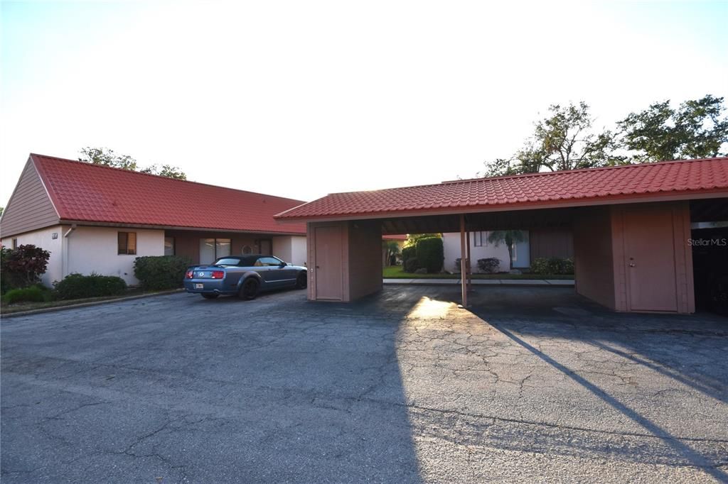 Covered parking with storage unit