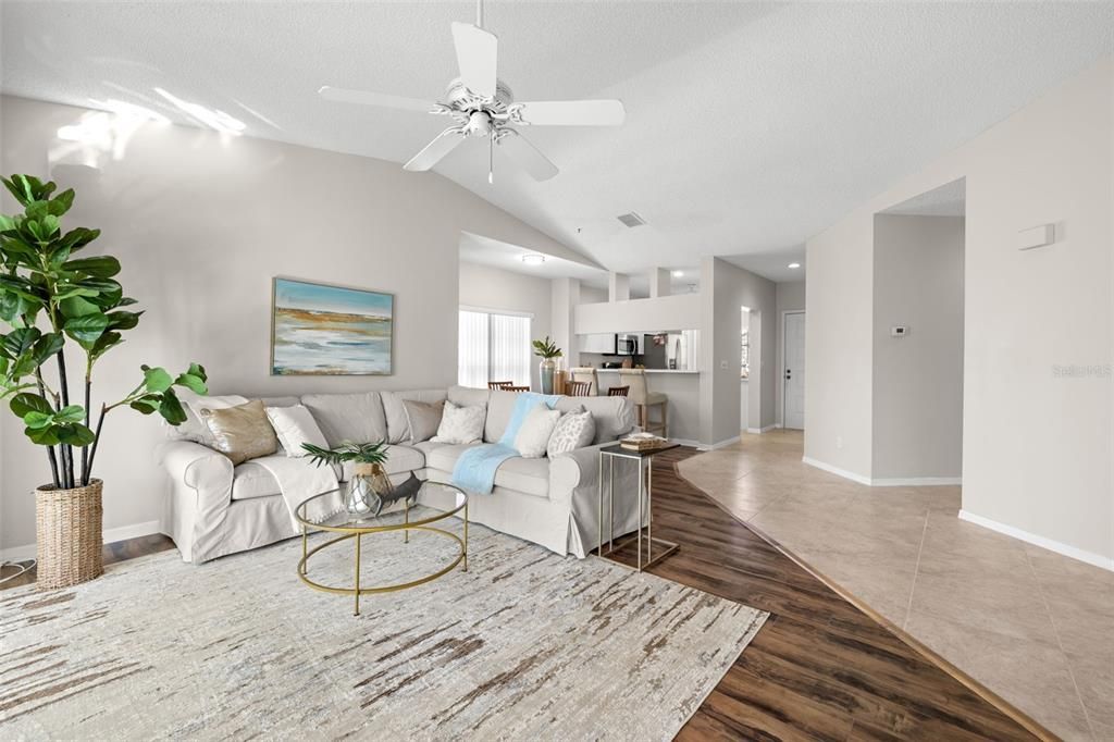 Open living space with vaulted ceilings