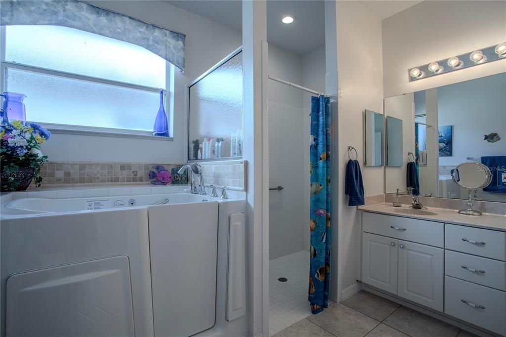 Primary Bath with large walk-in shower, walk-in tub, double vanities