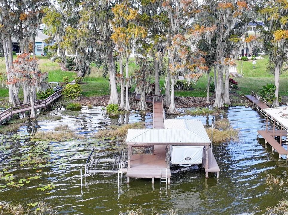 Aerial of boat dock and lifts