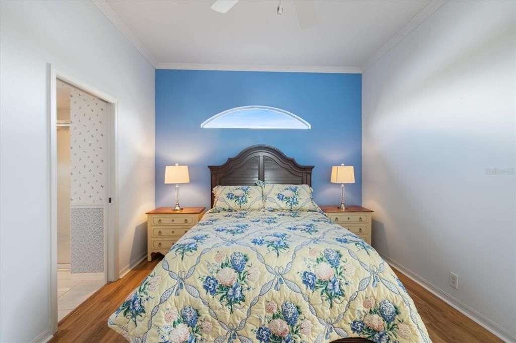 Primary bedroom feature wall with transom window