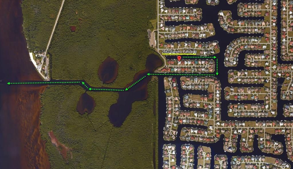 Overhead view of home location and route to open water