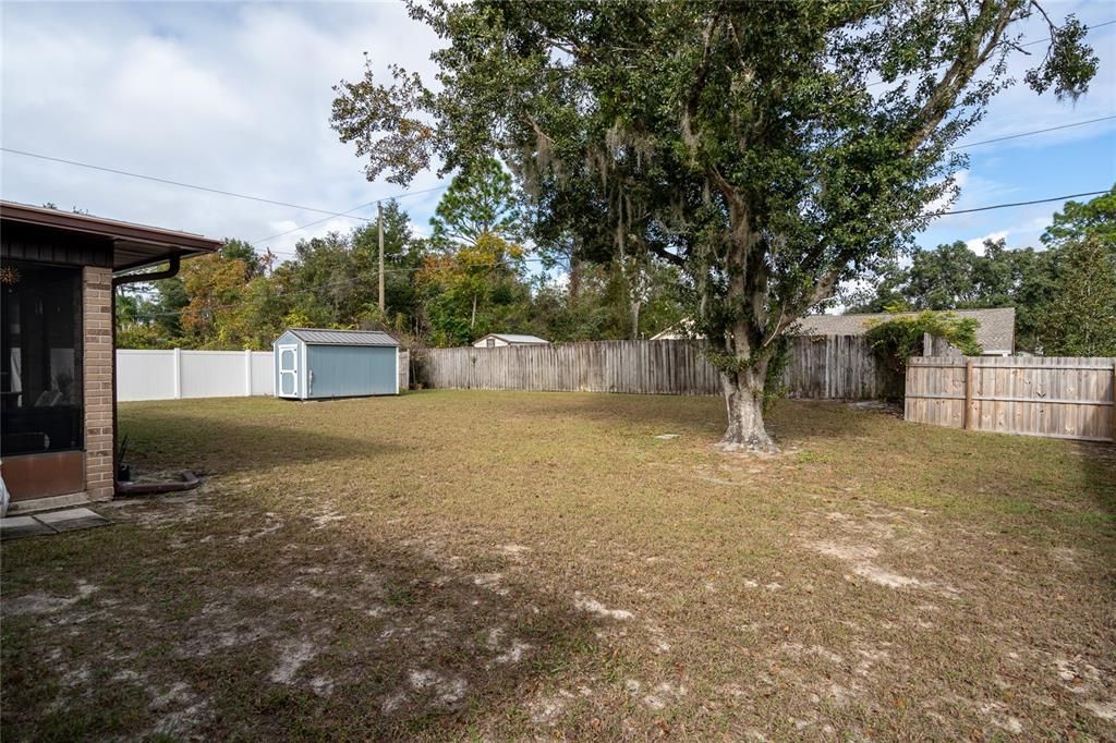 Large back yard is almost completely fenced.