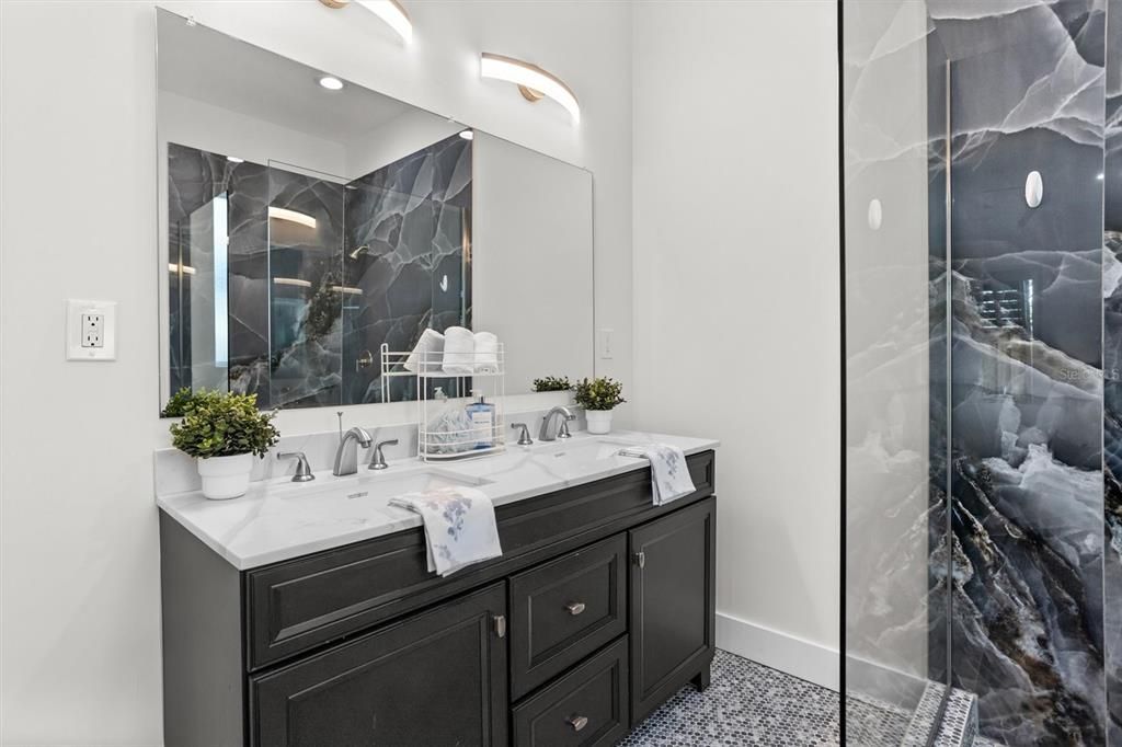 Owner's Ensuite Bathroom, penny tile, quartz counters