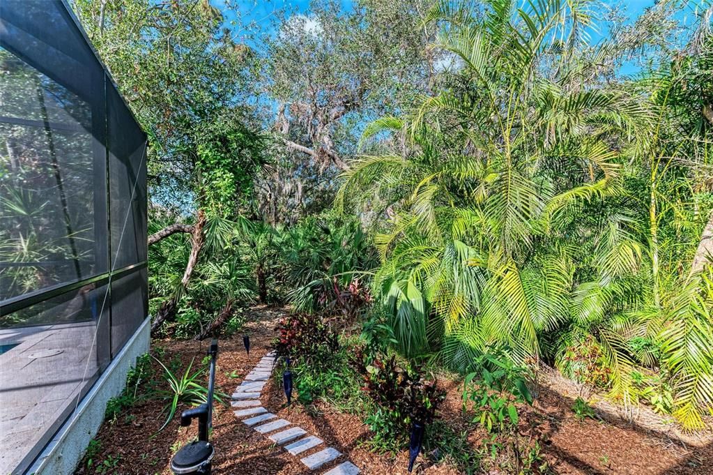 Walking path along side of house through lush landscaping.