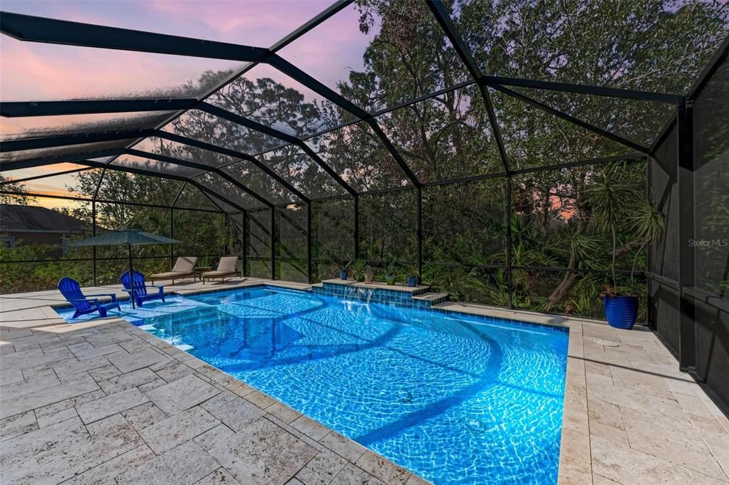 Screened-in pool with sunshelf.