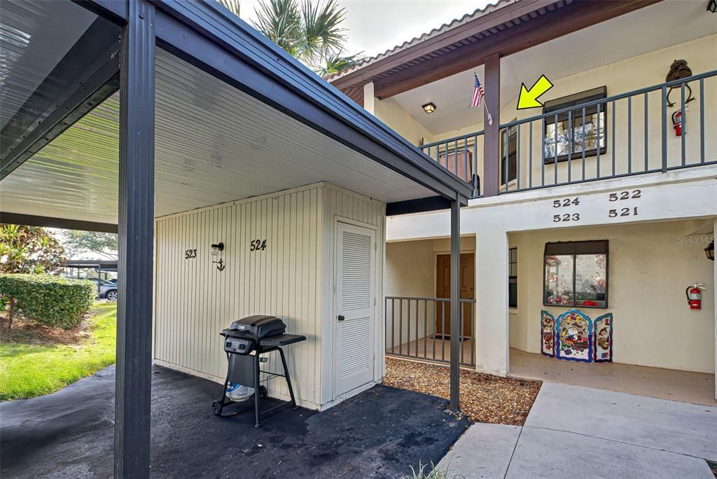 Front of unit with covered parking and storage closet.