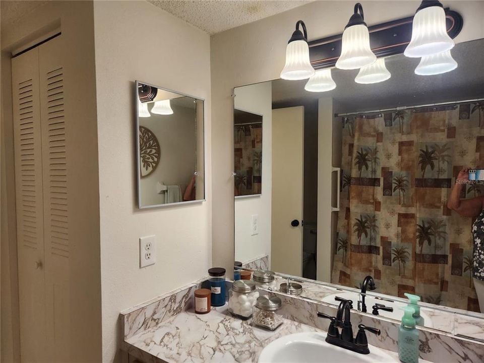 New sink, faucet and light fixture in bathroom.