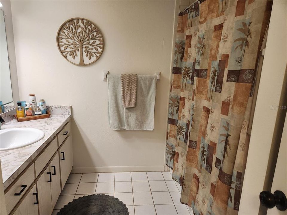 Bathroom has tub with shower and linen closet.