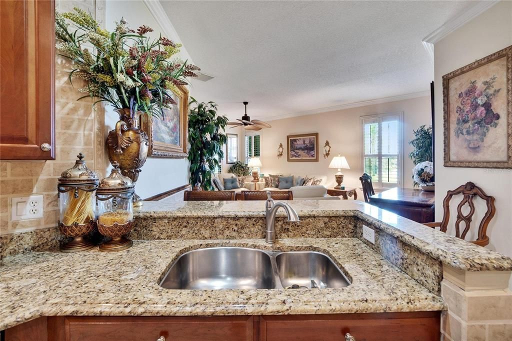 Looking into Great Room over Sink and Breakfast Bar