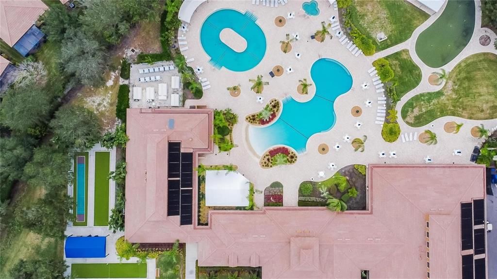 Aerial view of Clubhouse and pools