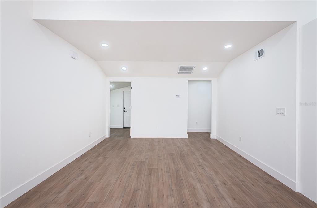 Family room with split floor plan