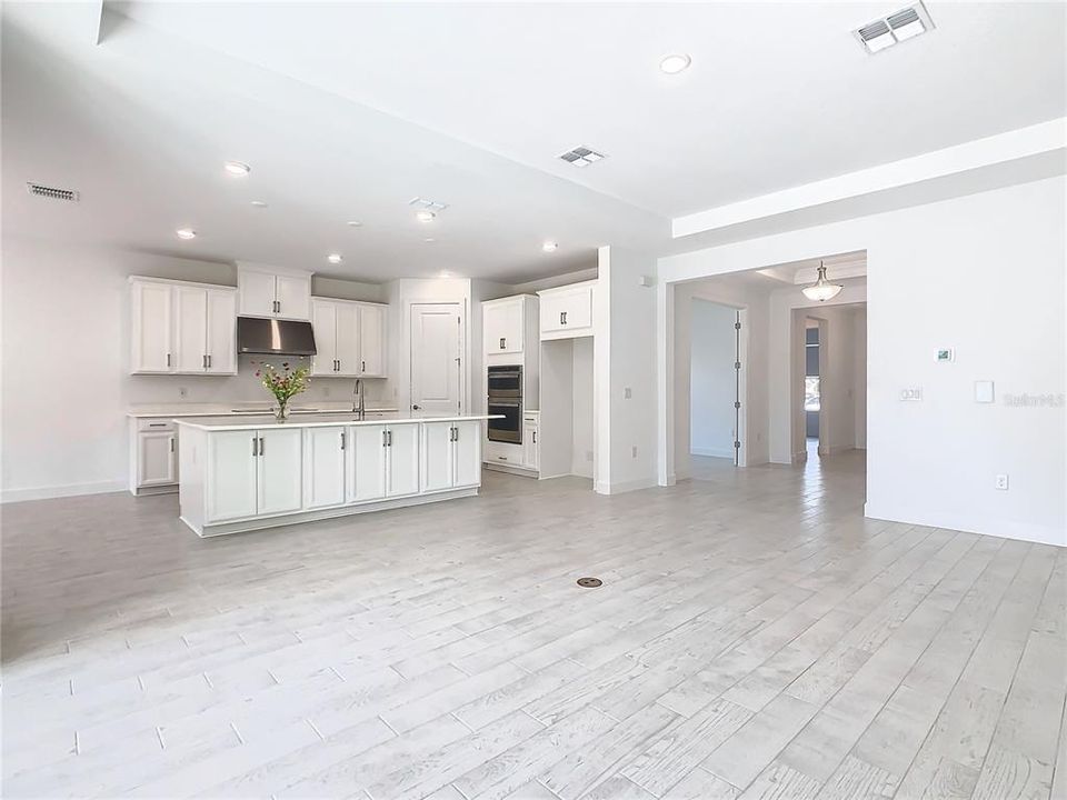 Great Room to Kitchen with Tray Ceiling and 15 Amp/110 Volt Floor Outlet with Brass Cover.