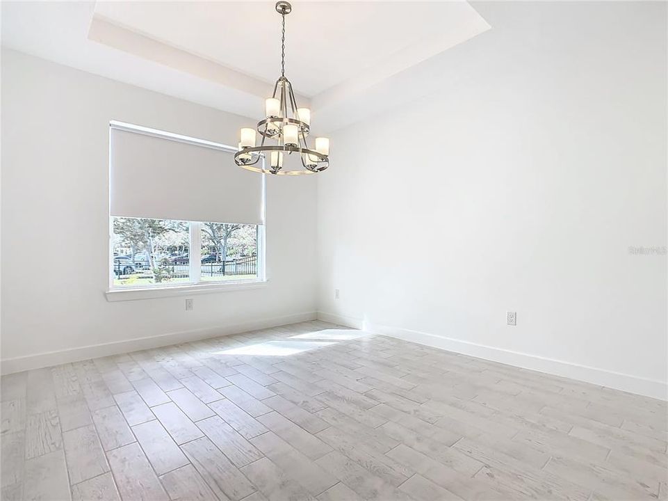 Dining area with Tray Ceiling and upgrade lighting.