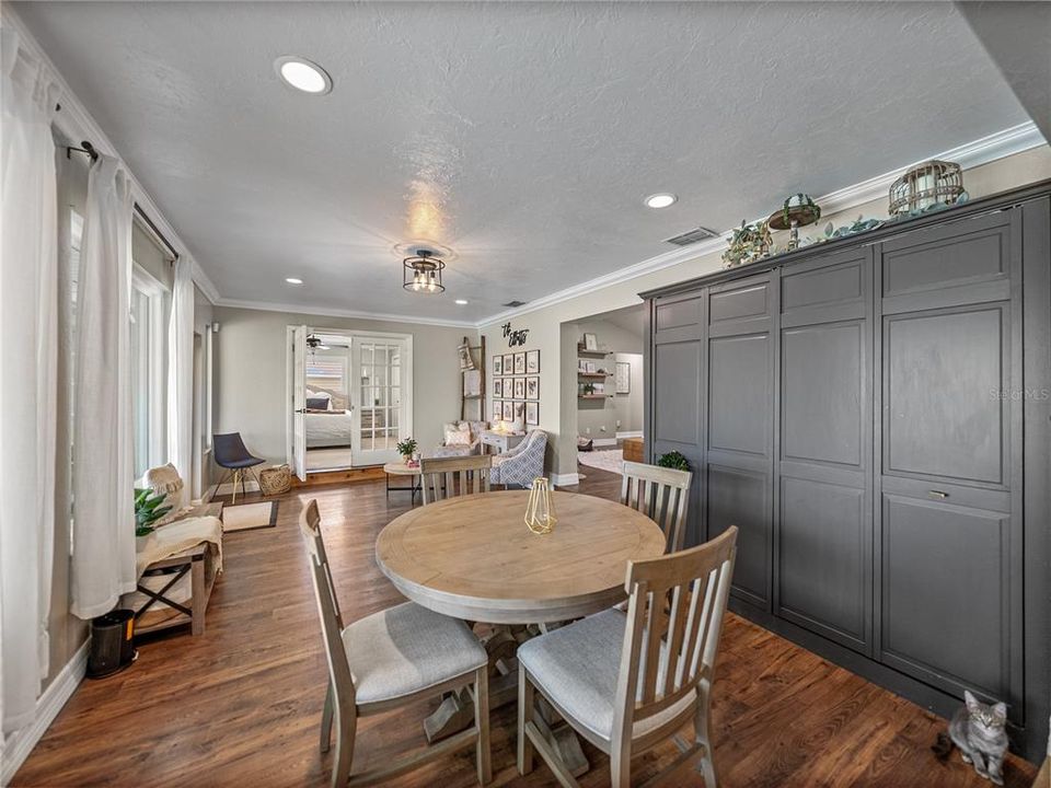 Family room with built in storage cabinets