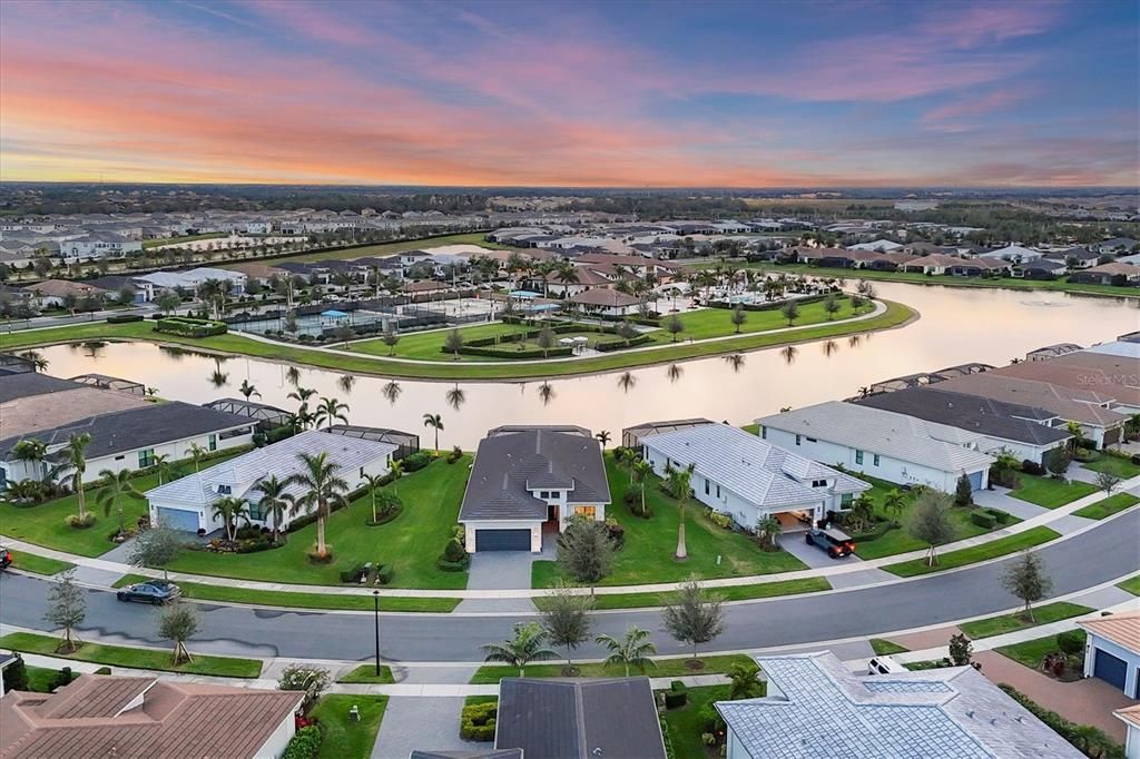 Aerial shot of the spacious pie shaped, lake front homesite