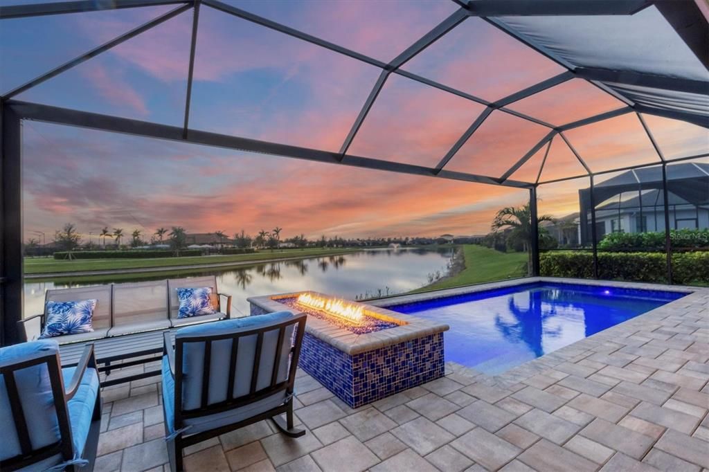 Stunning sunsets and views from the resort style pool and 8 foot firepit for ambiance