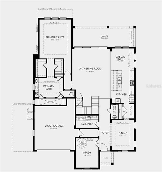 First Floor Plan - Structural options added include: media room added upstairs, and shower added to bathroom 2 in place of a bathtub