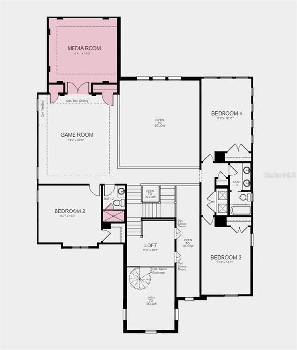 Second Floor Plan - Structural options added include: media room added upstairs, and shower added to bathroom 2 in place of a bathtub