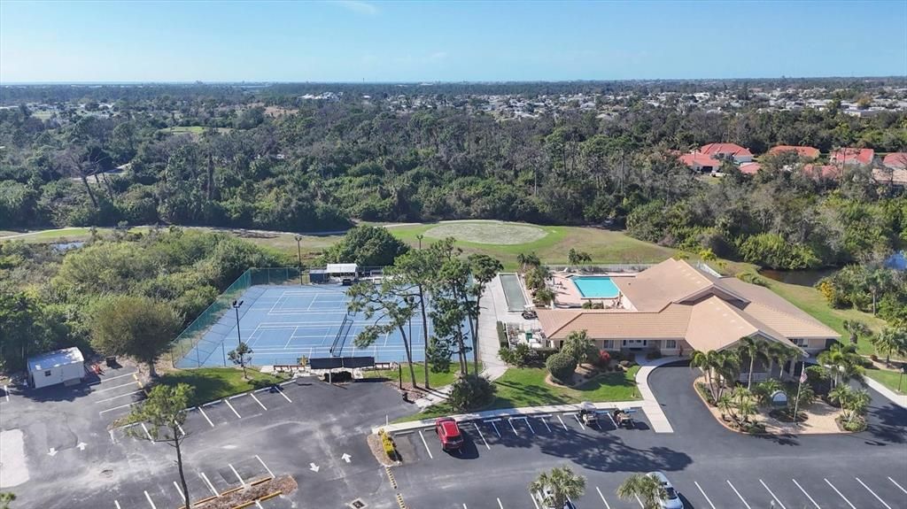 Tennis and pickle ball courts, lots of parking space