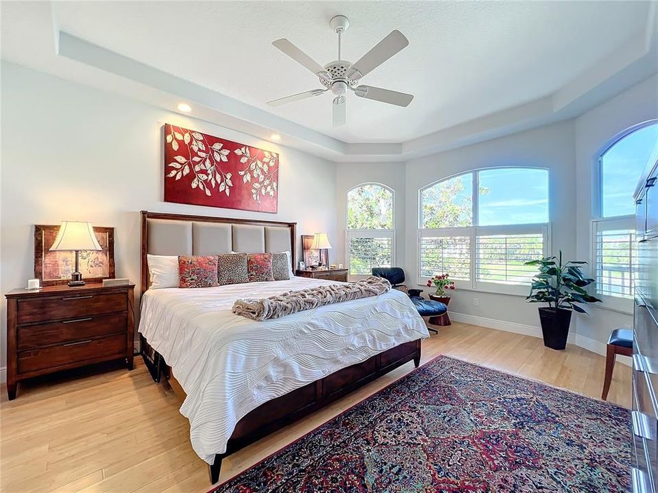 Inviting Primary Bedroom with Tray Ceiling and arched windows