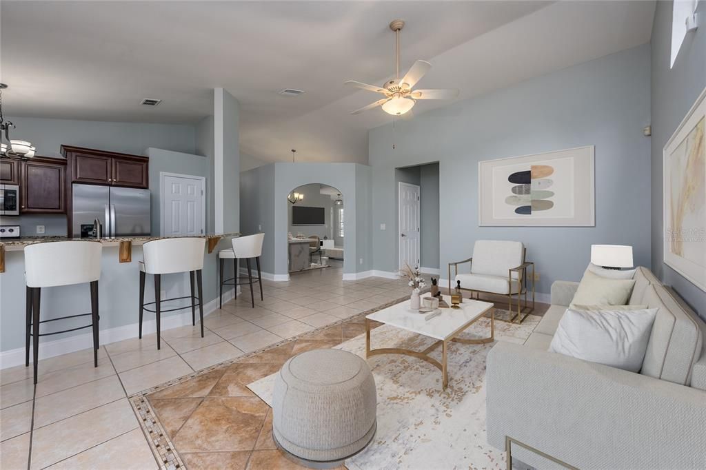 OPEN FAMILY ROOM/KITCHEN. Virtually Staged.