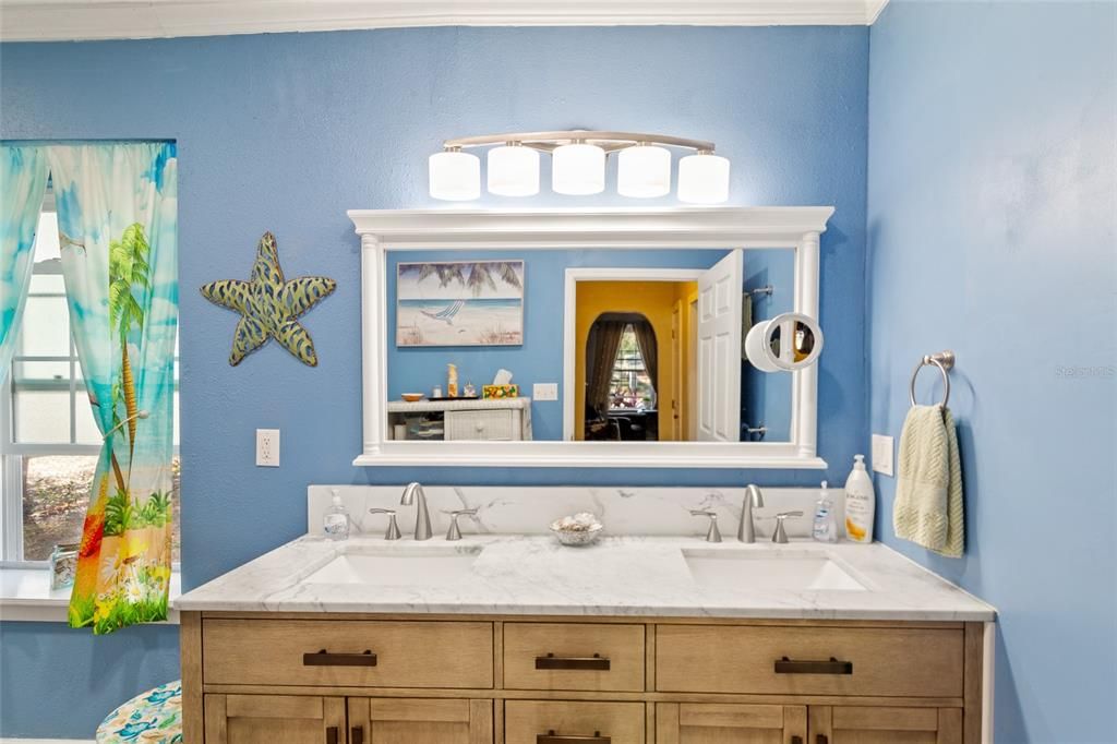 Large bathroom with dual sinks