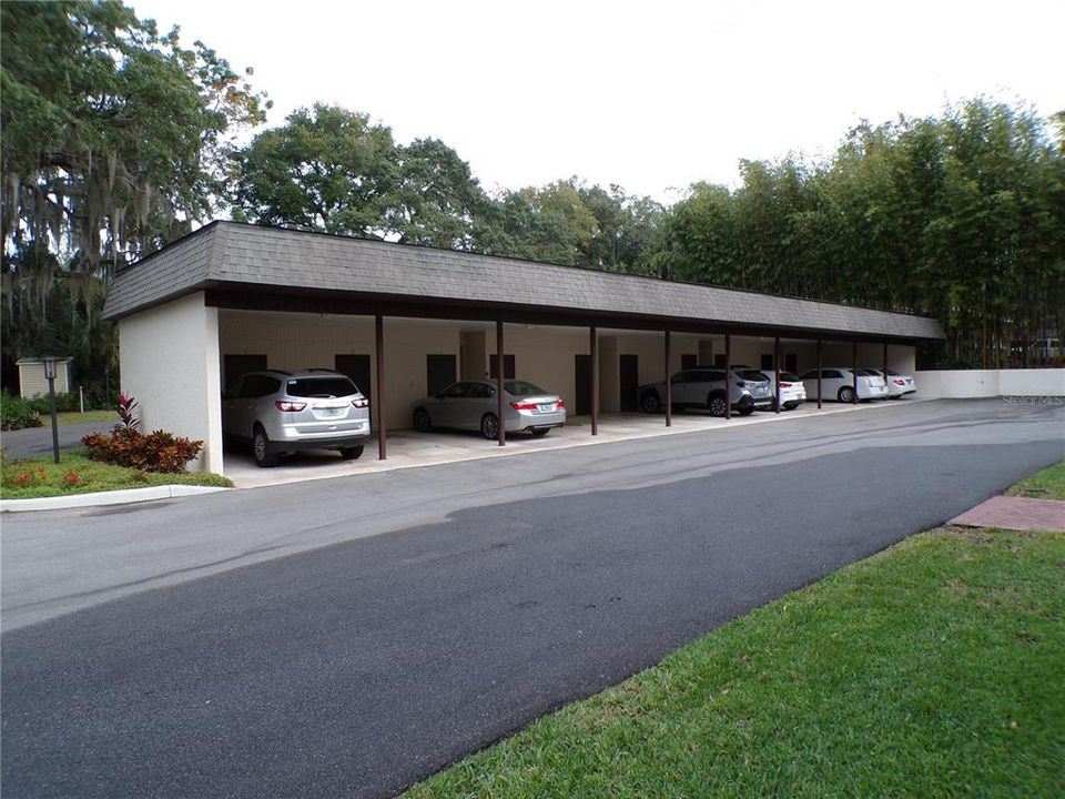 1 covered parking space with storage for residents