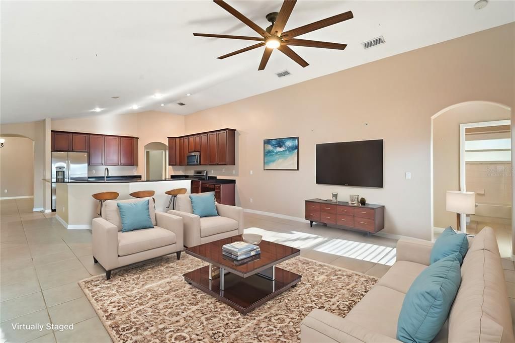 View of kitchen from family room (virtually staged)