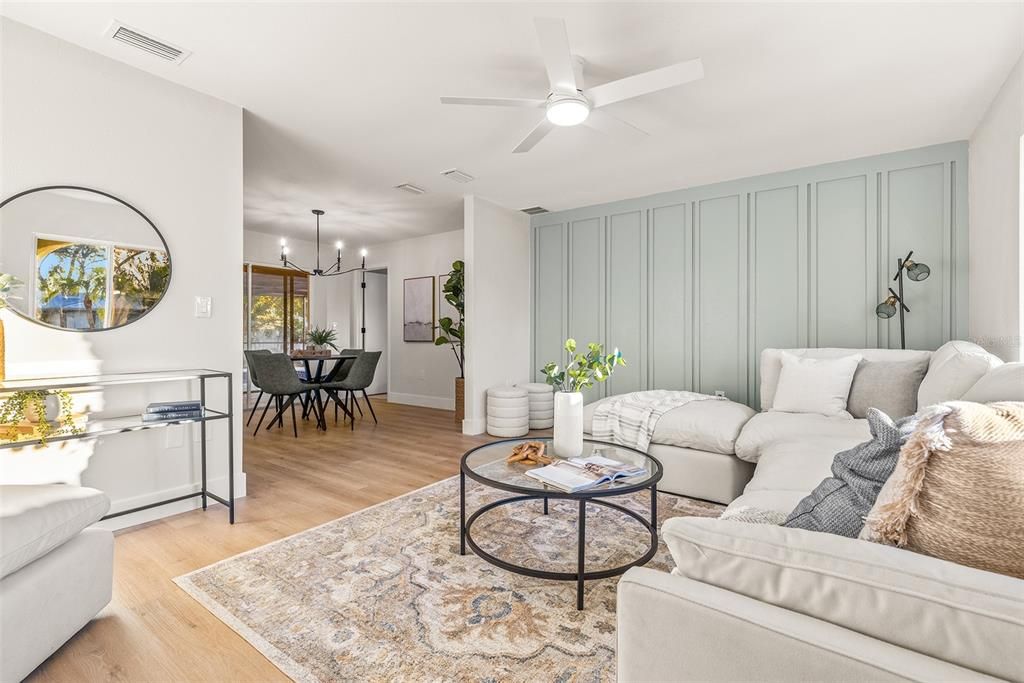 Living room with trim accent wall