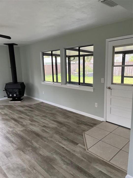 Family room with wood stove