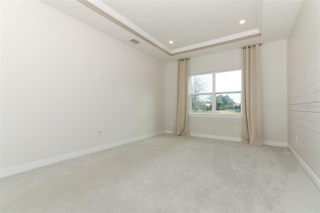 Primary bedroom with tray ceilings