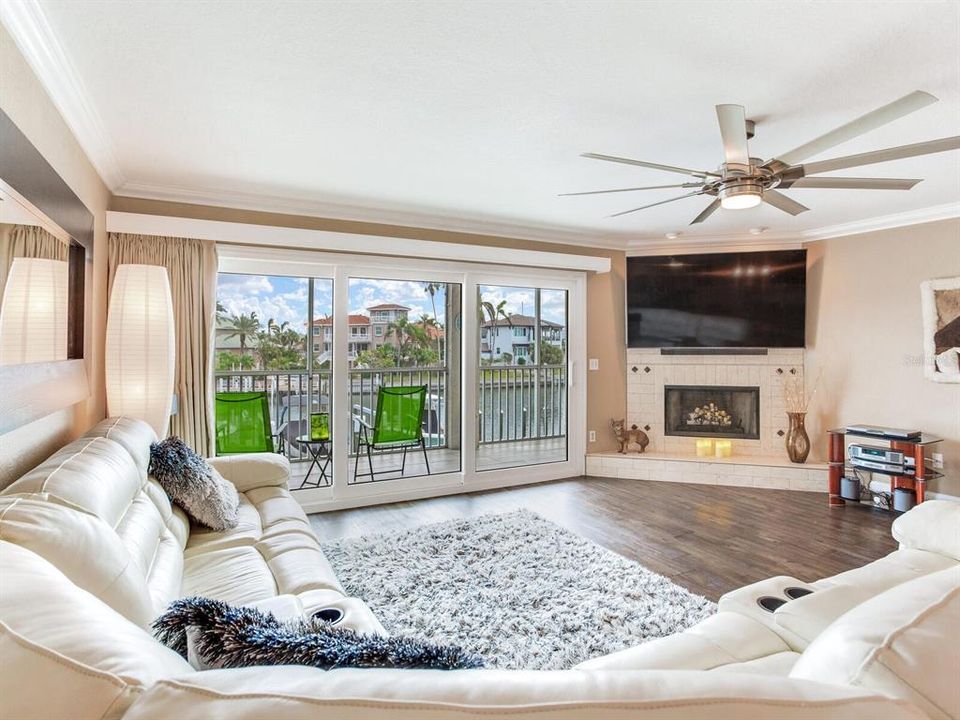 Family room with wood burning fireplace