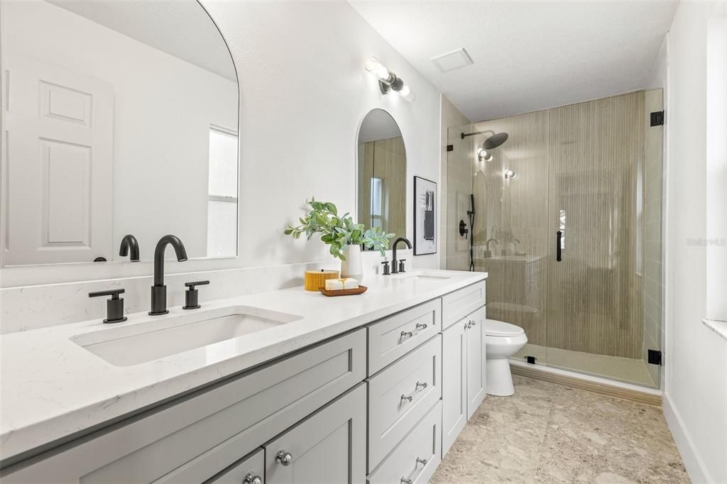 Upstairs primary en suite with double sink Quartz vanity