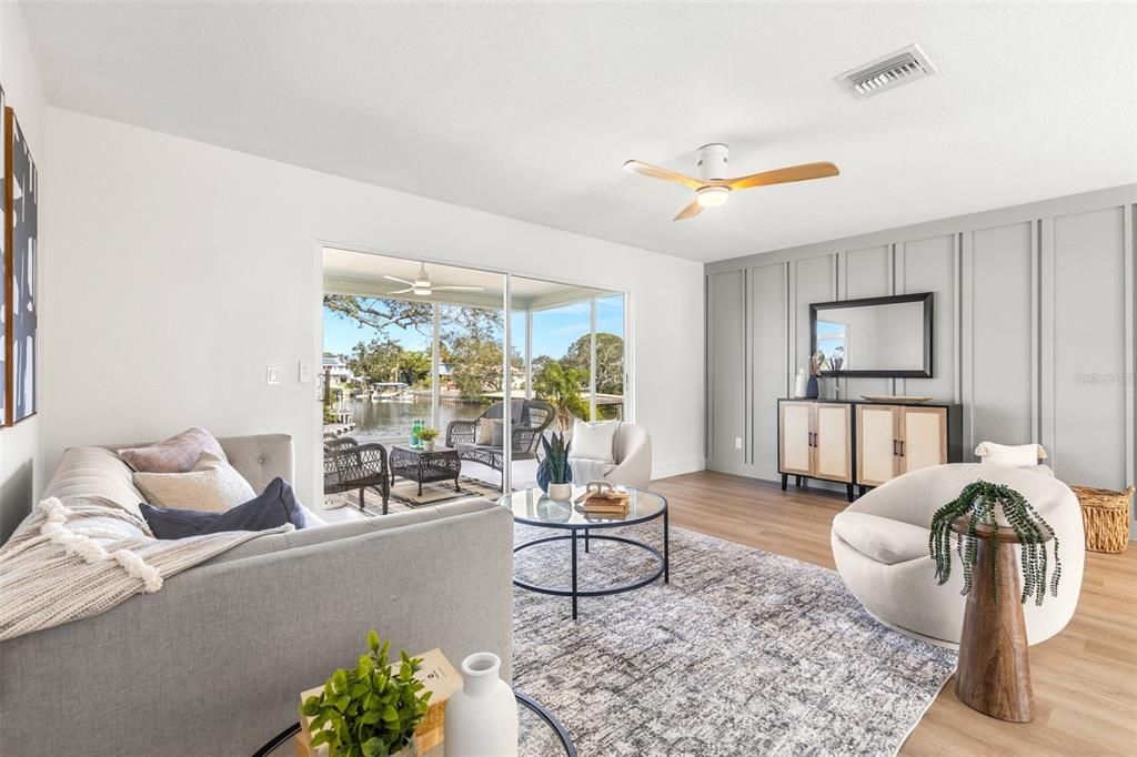 Living room with trim accent wall